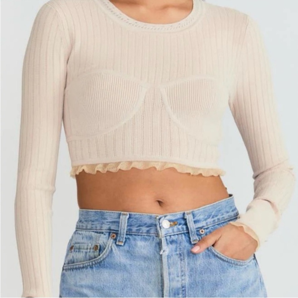 LoveShackFancy Amandine Ribbed Long Sleeve Cropped Pullover S